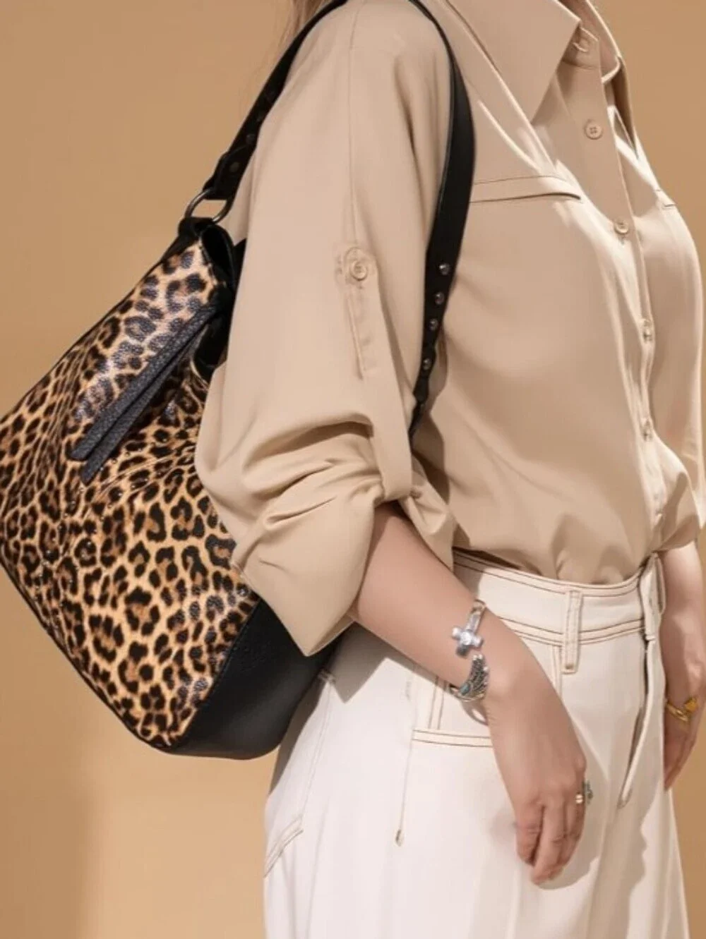Leopard Print Women’s Shoulder Bag with Black Trim